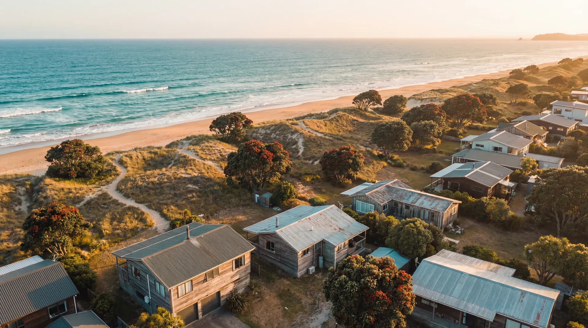 Aerial view of a coastal neighbourhood suited to premium visual storytelling.