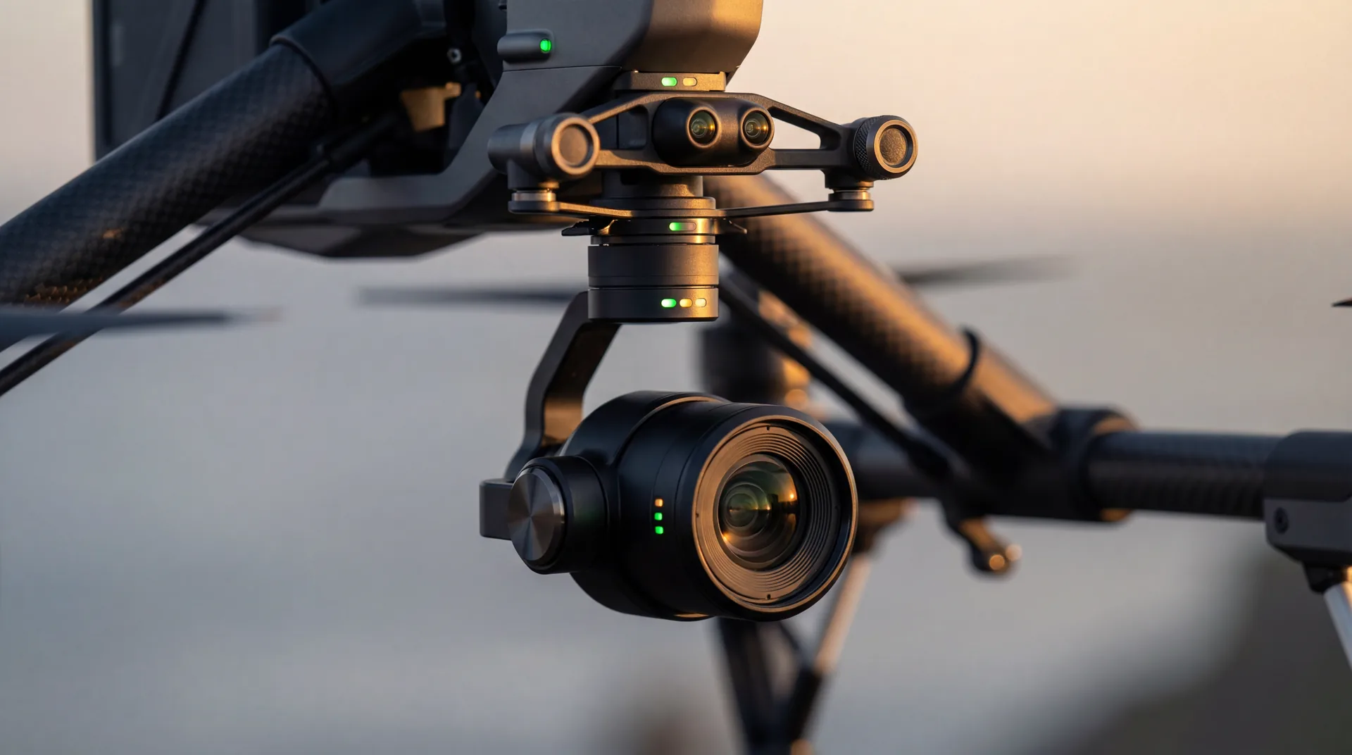 Close-up technical view of a professional drone camera and sensor assembly.