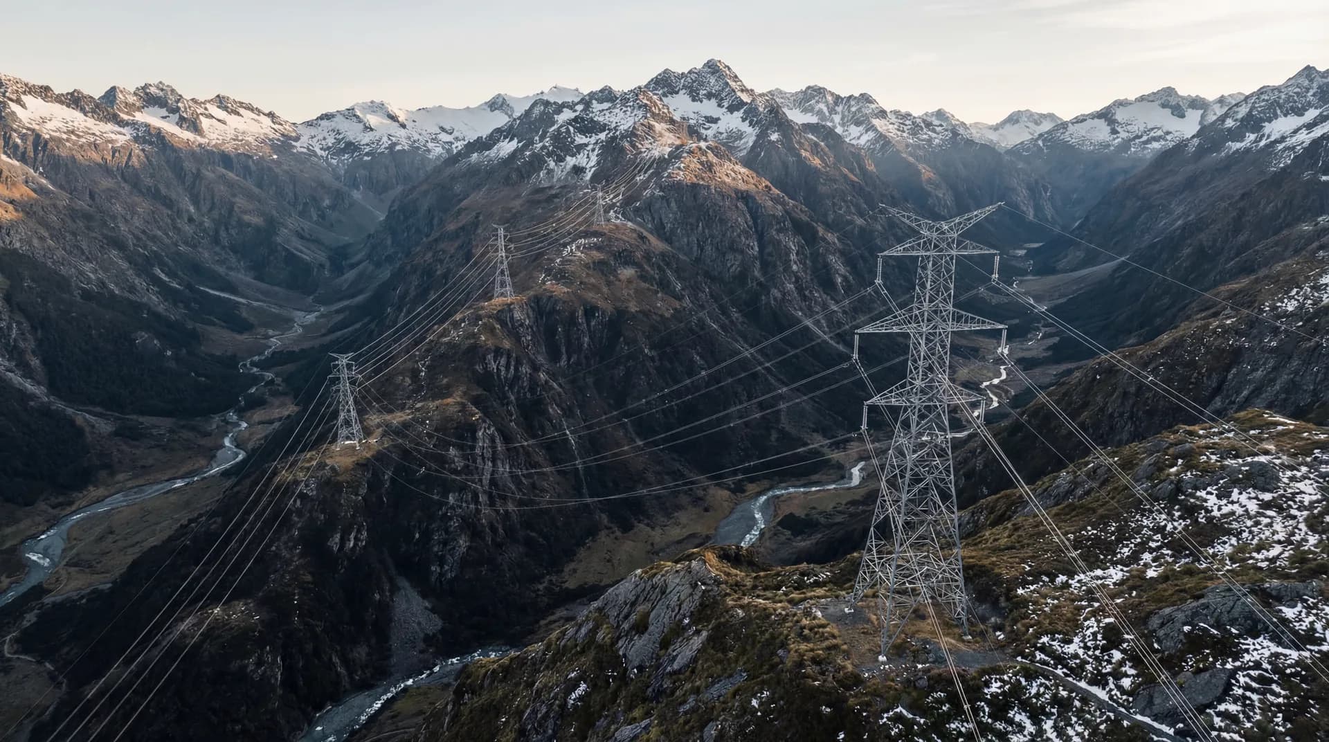 Electricity pylons crossing open terrain, representing infrastructure inspection work.